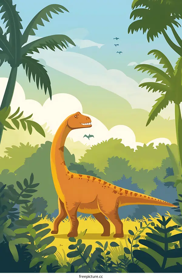 Cartoon Dinosaur Illustration in Tropical Forest