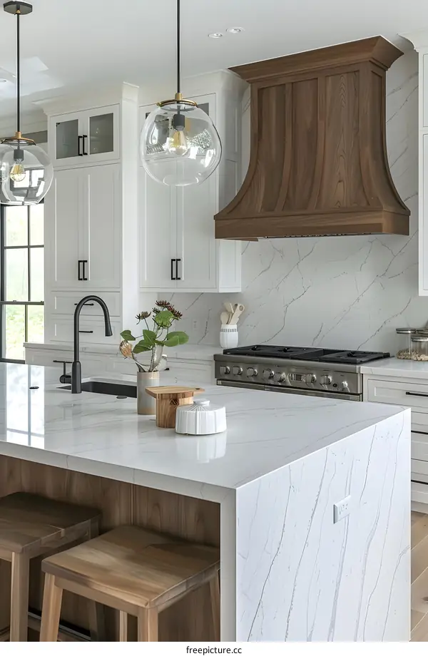 Modern Kitchen Island With White Quartz Countertops And Wood Stools