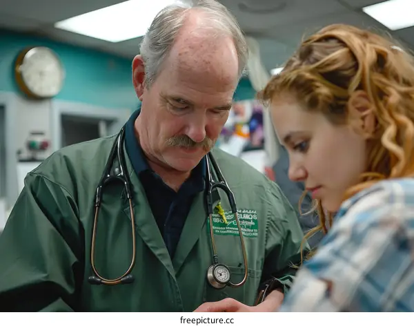 A veterinarian and a young woman looking at a cat