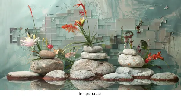 Still life with stones, water, and flowers
