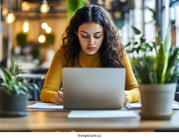 Young Woman Using Laptop in Cafe