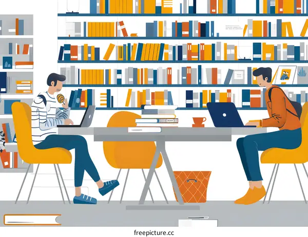 Two People Studying in a Library with Bookshelves