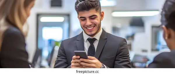 Smiling Businessman Looking at Phone in Office