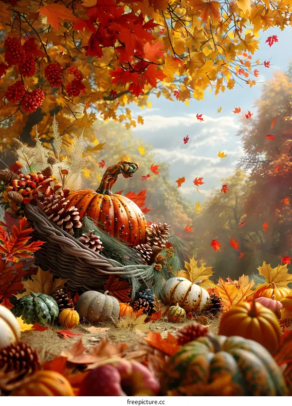Colorful autumn leaves and pumpkins