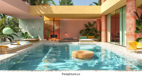 Modern and colorful poolside living space with pink and green accents