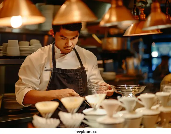 Focused Asian Chef Examining Ingredients in Commercial Kitchen