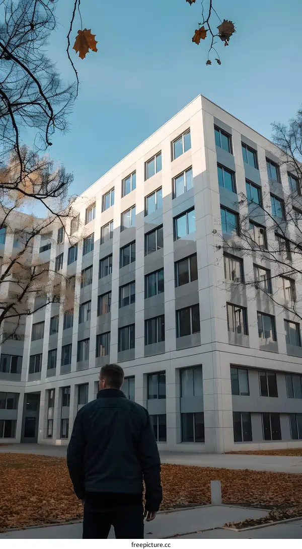 Man in Black Jacket Looking at Modern Building