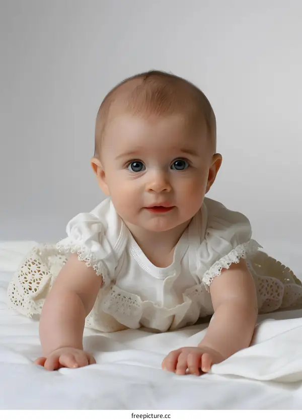 An adorable baby girl in a white dress is crawling on a white blanket