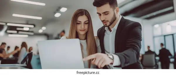 Business Colleagues Discussing Work on Laptop in Office