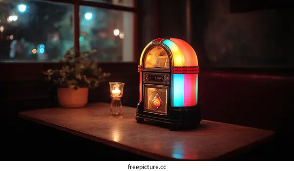 Vintage Jukebox on a Wooden Table at Night