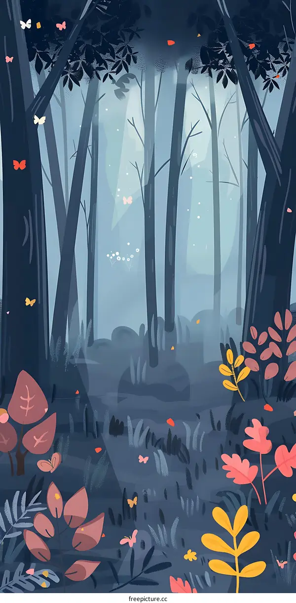 Dark Forest With Colorful Butterflies
