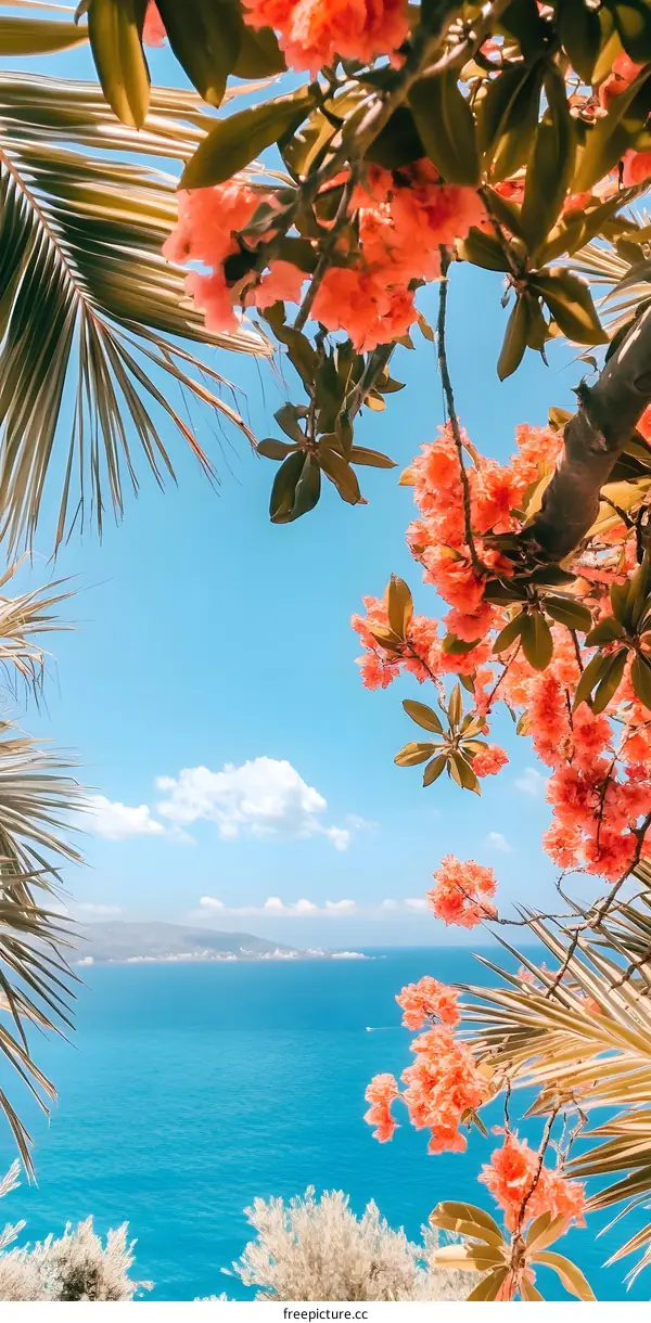 Tropical Flowers and Blue Ocean View