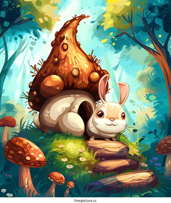 Cute Rabbit in Mushroom Home Illustration