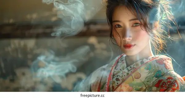 Woman in Traditional Japanese Kimono Wearing Makeup With Smoke in Background