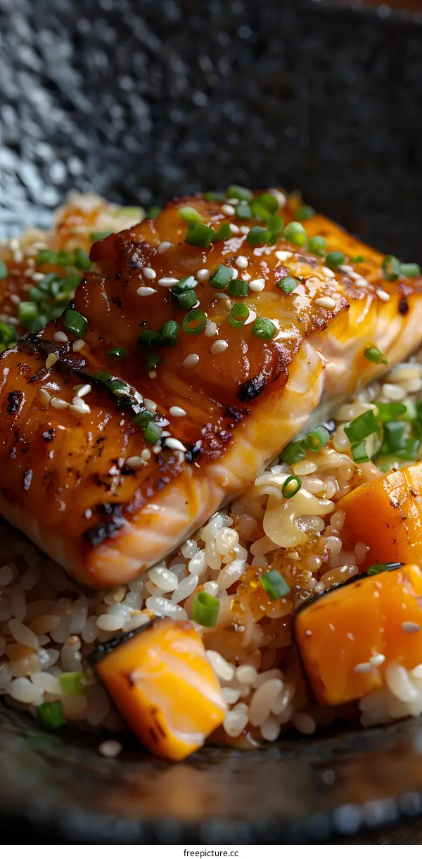 A delicious meal of grilled salmon, pumpkin, and rice.
