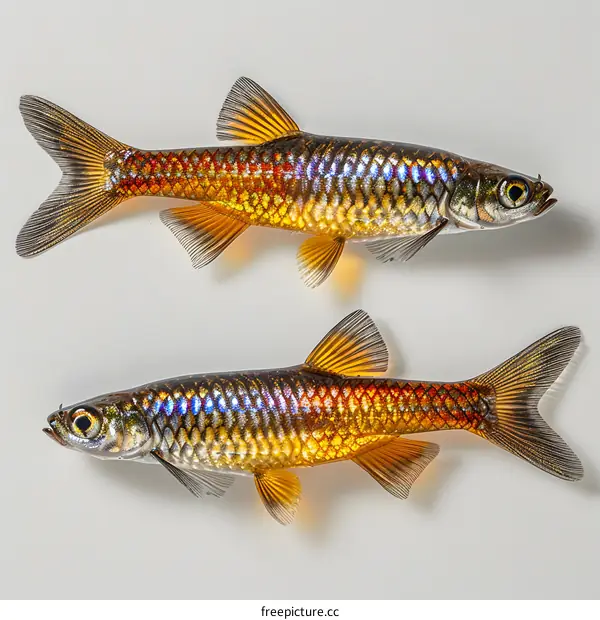 Two small shiny fishes are isolated on a white background