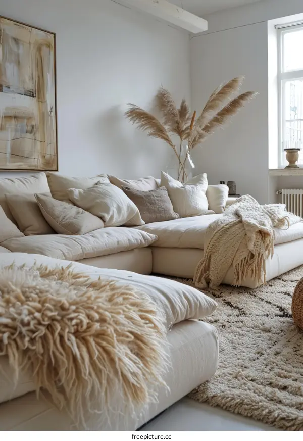 Neutral Color Living Room with Cozy Textures and Soft Furnishings