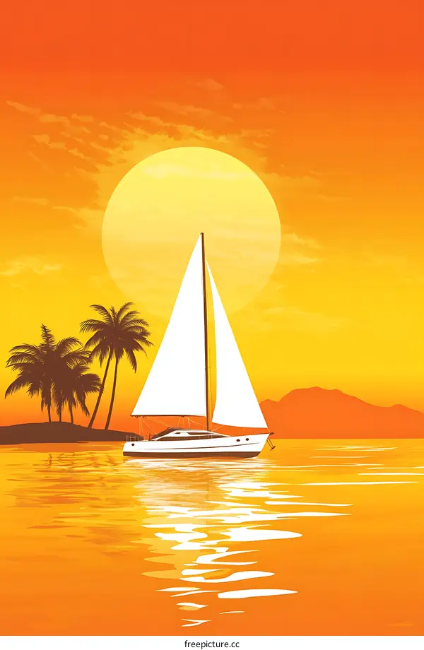 Sailboat at Sunset with Palm Trees