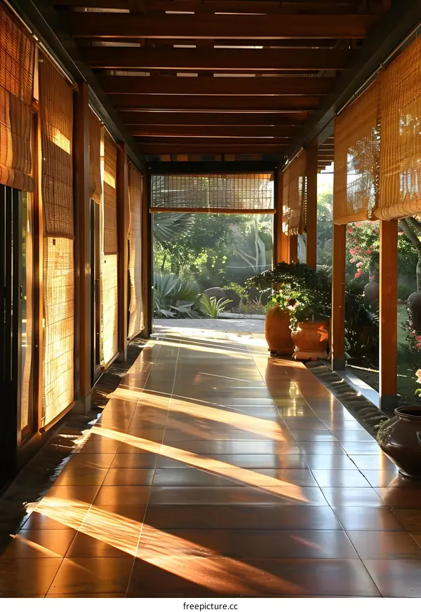 Sunlit Corridor in Traditional Asian House