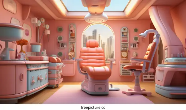 Cheerful dentist's office with a large window and pink and blue color scheme