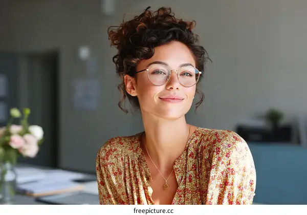 Smiling Woman with Glasses in a Stylish Outfit