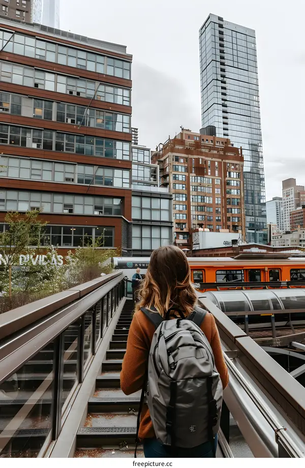 Woman with Backpack Walking on a Bridge in New York City