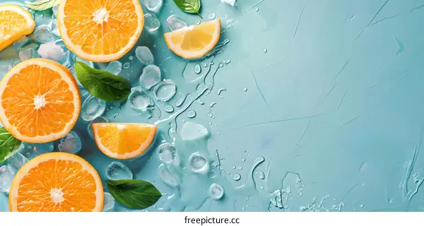 Fresh Orange Slices with Ice on Blue Background