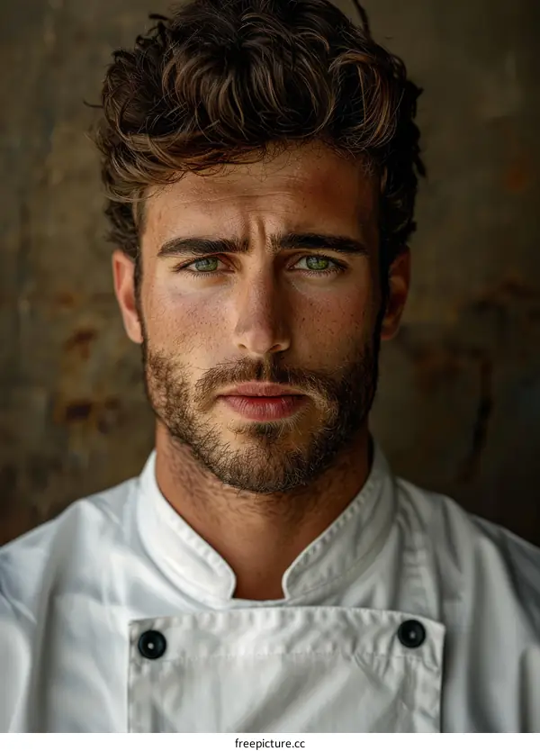 Portrait of a male chef with green eyes and curly hair