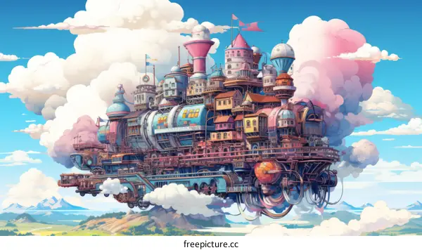 Fantasy steampunk airship with a whimsical and colorful design