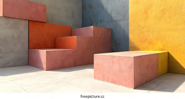 Abstract Minimalist 3D Render of Colorful Concrete Blocks