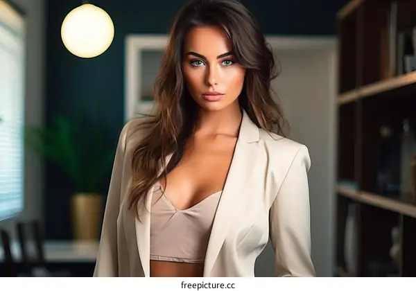 portrait of a beautiful young woman in a beige suit