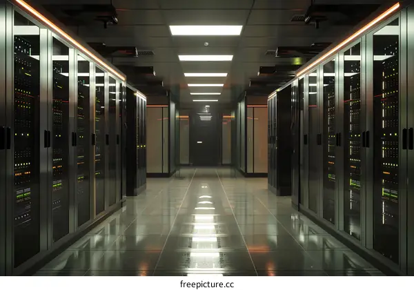 Futuristic server room with supercomputers