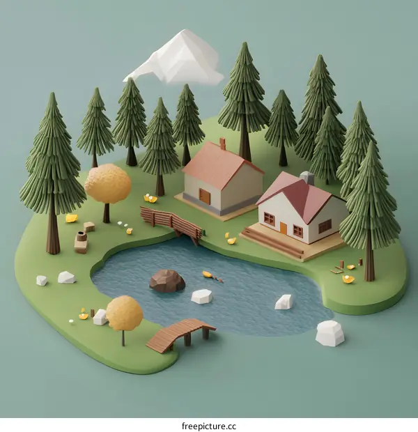Low Poly 3D Illustration of a Small Village in a Forest