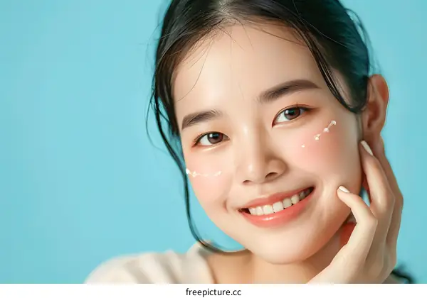 Smiling Asian Woman with White Cream on Her Face