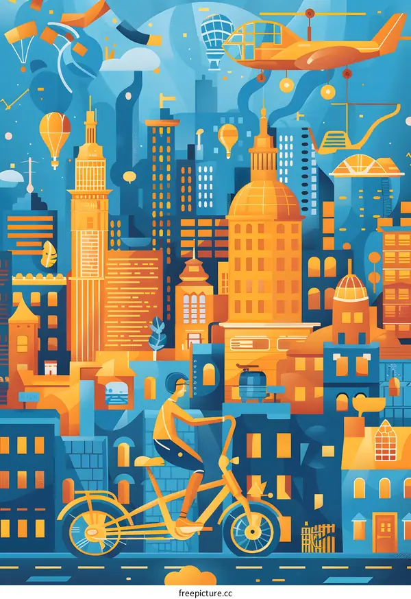 Cityscape Illustration With Person On Bicycle