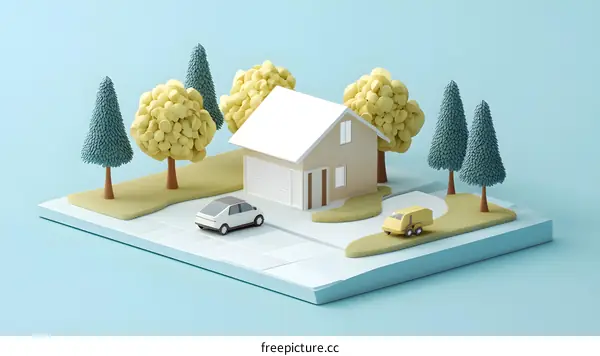 Minimalist 3D Illustration of a House with Trees and Cars