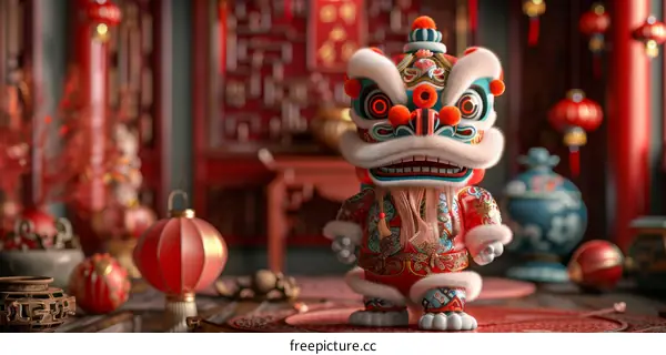 A cute Chinese lion with red and gold decorations stands in a traditional Chinese temple.