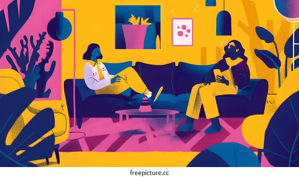 Two Women Relaxing on a Sofa in a Colorful Room