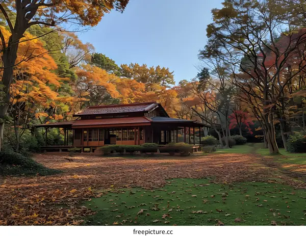Traditional Japanese House Surrounded by Fall Foliage