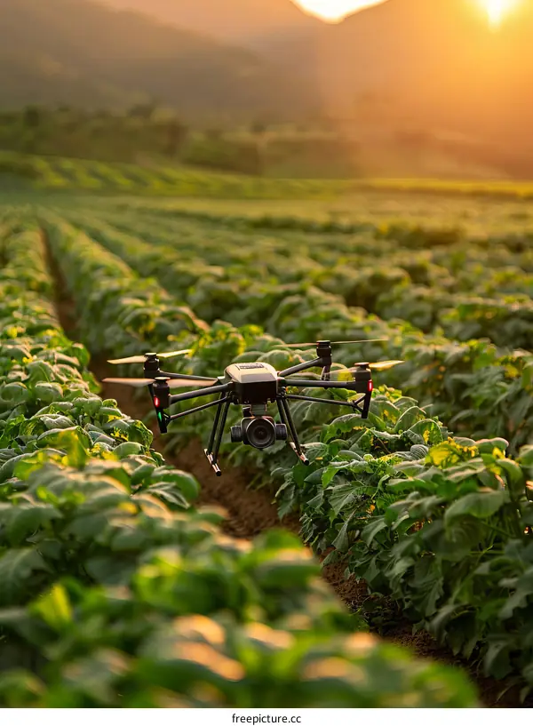 A drone is flying over a field of green crops. The sun is setting in the background.