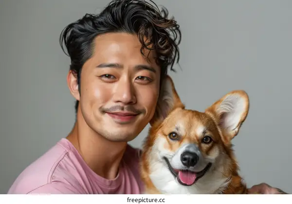 Asian man with a corgi dog