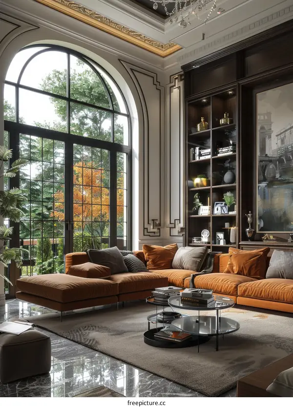 Modern living room interior with large windows and stylish furniture