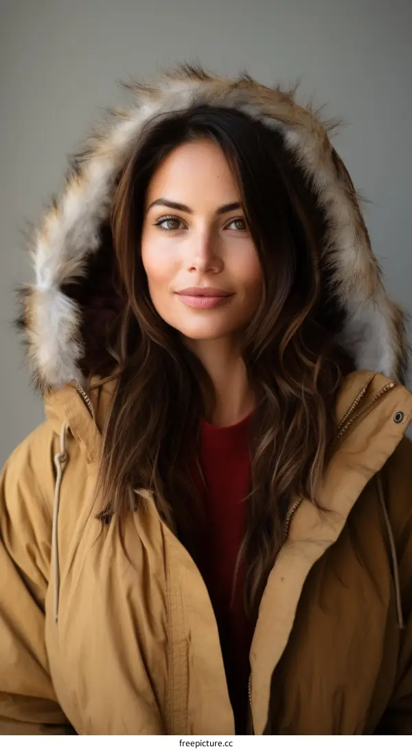 portrait of a beautiful young woman in a fur hood coat