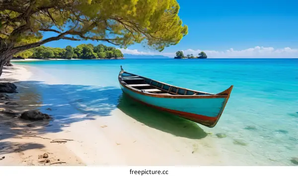 Wooden boat on a tropical beach with white sand and crystal clear blue water