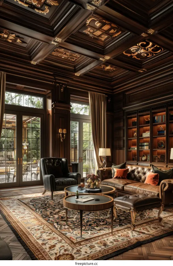 Luxurious Living Room with Dark Wood Paneling and Persian Rug