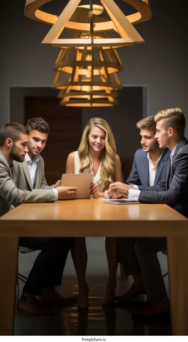 Business meeting around wooden table with modern lighting