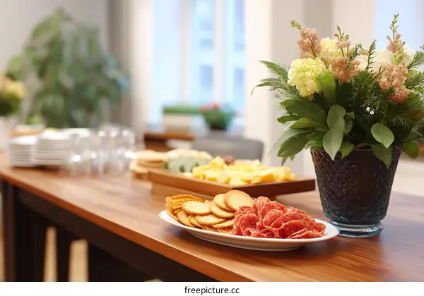 Elegant Business Buffet Setup with Flowers