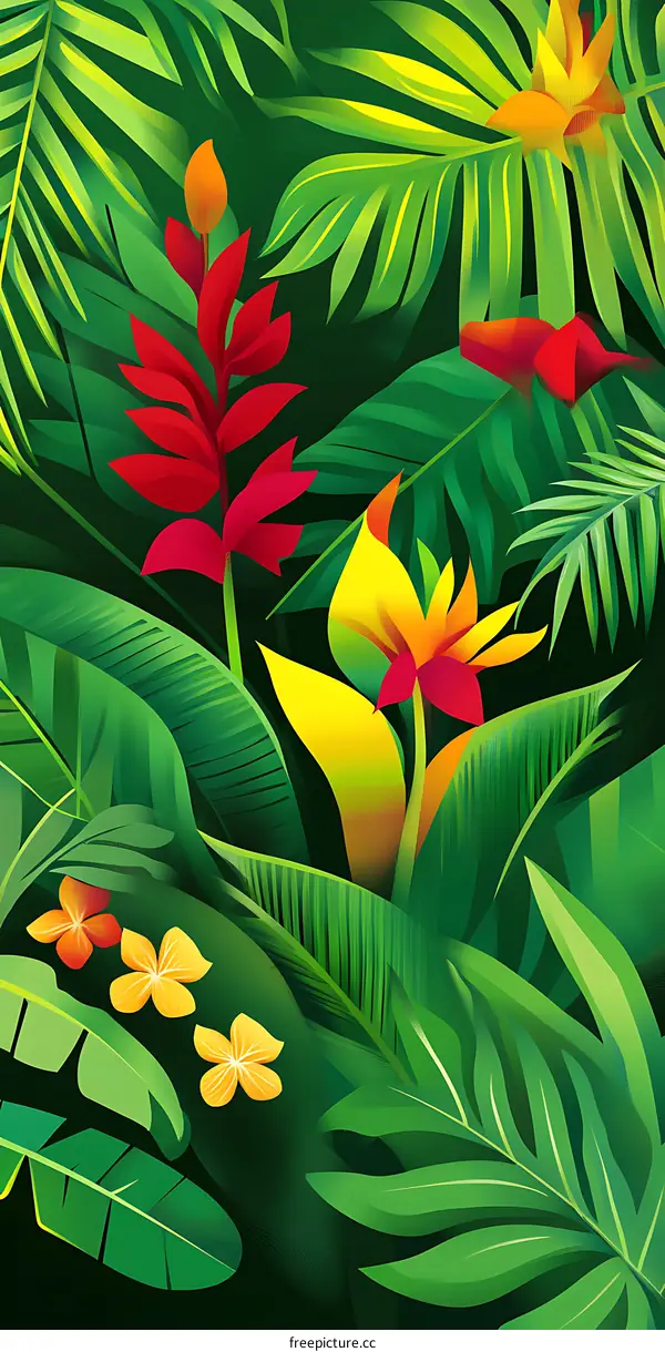 Tropical Rainforest Leaves and Flowers Illustration