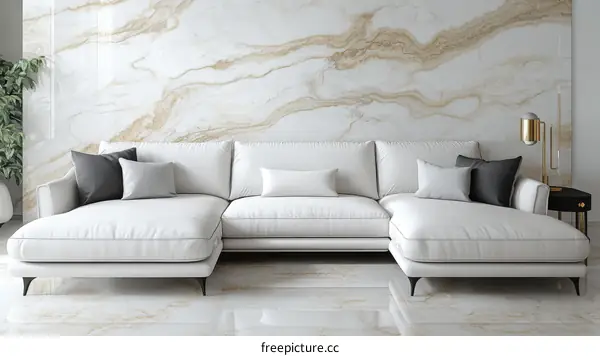 Modern White Sectional Sofa in a Marble Living Room