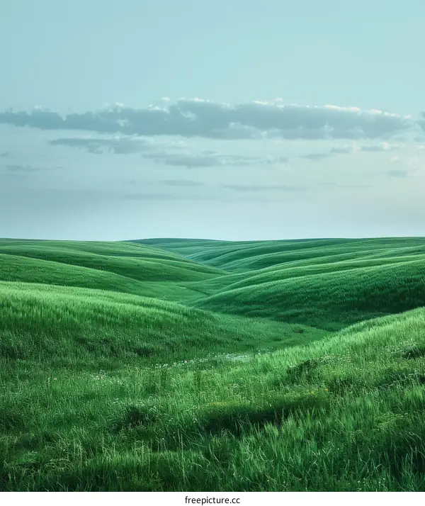 Green rolling hills under blue sky with clouds